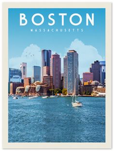 the boston massachusetts skyline is shown in this poster