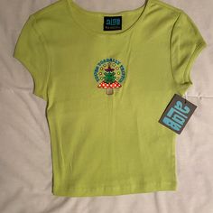 Brand New With Tags! Perfect Condition, Never Worn Before Super Cute Just Not My Style Retro Fitted Green T-shirt, Green Y2k Summer Tops, Green Y2k Style Summer Top, Green Summer Y2k Tops, Lime Green Cotton Tops For Summer, Playful Green Crew Neck Top, Yellow Fitted Crew Neck Top, Casual Lime Green Cotton Top, Light Green Short Sleeve Cotton Top