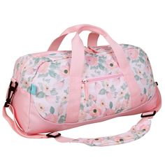 a pink floral duffel bag with straps