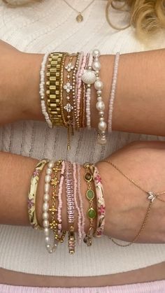 #bracelet #jewelry #girly #pink Pink Bracelet Stack, Everyday Bracelet Stack, Cute Bracelet Stacks, Enewton Bracelets Stacks, Aesthetic Bracelets Beads, Bracelet Stack Aesthetic, Friendship Bracelets Aesthetic, Bracelets On Wrist, Bracelets Combo