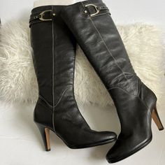 Brand New Heel And Soles Replaced At Cobbler. Like New Condition Leather Knee-high Heels With Buckle Closure, Leather Knee-high Heels With 4-inch Heel, Nike Air Black, Leather Knee Boots, Black Pebbles, Cole Haan Shoes, Cobbler, Shoes Heels Boots, Cole Haan