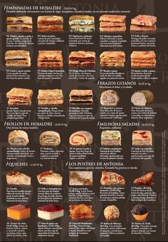 a menu with different types of sandwiches and other food items on the front page, in spanish