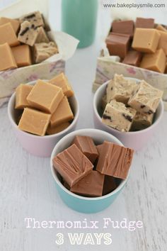 three bowls filled with different types of fudge