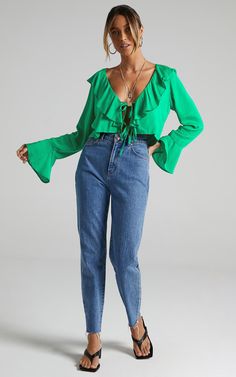 Rumina Top in Green | Showpo Green Top Outfit Summer, Long Sleeve Ruffled Crop Top For Day Out, Cropped Blouse With Tie Sleeves For Spring, Spring Cropped Blouse With Tie Sleeves, Cropped Spring Blouse With Tie Sleeves, Long Sleeve Ruffled Crop Top For Spring, Spring Long Sleeve Ruffled Crop Top, Fall Ruffled Crop Top, High Waisted Shorts Denim