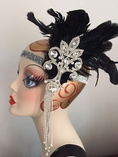 1920s Black Gatsby headpiece rhinestone feather by doramarra Wide Art Deco Head Band, Roaring 20’s Ladies Hats, Gatsby Headband Party, Gatsby Party Headband, Jazz Age Lawn Party, Great Gatsby Headpiece, Gatsby Hair, 1920s Headband, Gatsby Headpiece