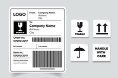 a set of four business name badges with barcodes and an umbrella on them