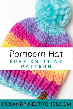 the pompom hat knitting pattern with text overlay