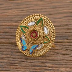 Gold Rodium Polish Green, Red and Maroon color Ring in Brass studded with CZ Diamond, Kundan Red Metal Rings For Wedding, Red Jeweled Rings As Gift, Maroon Color, Metal Ring, Color Ring, Cz Diamond, Brass Metal, Metal Rings, Brass