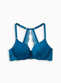 Smooth and sexy, we've added more lift to our underwire cups so you can pair it with your favorite low-cut necklines. With versatile microfiber cups, a lacy adjustable racerback, and a front clasp closure with adjustable straps. Matching style(s): Search 14488356 Padded, underwire cups. Adjustable racerback straps. Front clasp closure. Side boning smooths you out. Nylon/spandex. Wash cold; line dry. Imported plus size bra. The best plus size women's xo plunge push-up front-close bra bras in moroccan blue made of microfiber. Elegant Blue Bra With Adjustable Straps, Blue Push-up Bra With Adjustable Straps, Fitted Blue Bra With Lace Closure, Bra Image, Moroccan Blue, Racerback Bra, Plus Size Bra, Shopping Day, Matches Fashion