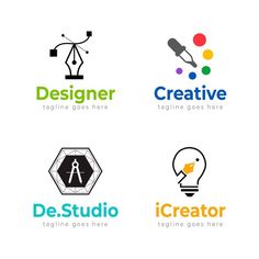 four different logos designed to look like an artist's studio, including the logo for creative