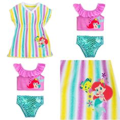 Authentic Disney Store  Ariel - Little Mermaid Swimsuit & Cover Up for Baby Check out my other listings - Many Disney and Kids/Baby Clothes   This listing does include one swimsuit and one cover up in size that is chosen at checkout. Ariel Two-Piece Swimsuit for Baby Two-piece swimsuit Top features Ariel screen art Ruffled neckline incorporates shoulder straps Metallic iridescent bottoms with allover scale print UPF 50+ (Built in UV protection for safer fun in the sun!) 80% po Playful Mermaid Swimwear For Summer, Multicolor Character Print Swimwear For Beach, Cute Swimwear With Character Print For The Beach, Cute Character Print Swimwear For Beach, Multicolor Character Print Swimwear For Play, Cute Beach Swimwear With Character Print, Cute Character Print Beach Swimwear, Cute Multicolor Swimwear With Character Print, Disney Swimwear For Summer Beach