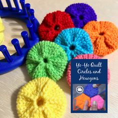 crochet circles and hexagons on a table with the words yo - yah quilt circle next to them