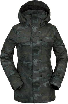 the women's camo parka is shown in black and grey, with a hood