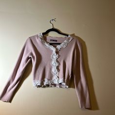 Never Worn, Great Condition, Very Soft And Comfortable! Fitted Long Sleeve Sweater With Lace Trim, Fitted Casual Cardigan With Lace Trim, Cute Long Sleeve Buttoned Cardigan, Cute Long Sleeve Sweater With Button Closure, Casual Long Sleeve Sweater With Lace Trim, White Fitted Button-up Sweater, Casual Lace Trim Sweater For Spring, White Sweater With Buttons For Day Out, Casual Winter Cardigan With Lace Trim