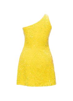 Our Lemon - Clear Iridescent Velvet Sequin One Shoulder A-Line SHIFT Show Choir Dress hits the stage lights for exciting flashes of color and light! It features an asymmetric Neckline in all-over Popcorn Sequin Stretch Velvet. Flattering A-Line fullness allows for all dancing styles without clinging or riding up. Quick Step-In style. 1 1/2" folded hem lands at 3-4" above knees for average height performers. Free Shipping. High Waist Briefs NOT included. Luxury Sequin Mini Dress For Summer, Fitted Luxury Sequin Dress, Luxury Summer Mini Dress With Sequins, Yellow Sequin Party Dress, Yellow Embellished Party Dress, Yellow Sequin Mini Dress For Party, Glamorous Yellow Mini Dress, Glamorous Fitted Yellow Dress, Yellow Embellished Fitted Dress