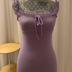 Super Cute Bodycon Dress! Pretty Ruffle Sleeves, Never Worn Before! Cute Tie Bow In The Front Summer Lavender Stretch Dress, Lavender Fitted Mini Dress Casual, Lavender Fitted Casual Mini Dress, Casual Fitted Lavender Mini Dress, Casual Lavender Fitted Dress, Purple Sleeveless Bodycon Dress For Spring, Sleeveless Purple Bodycon Dress For Spring, Fitted Lavender Summer Dress, Casual Lavender Mini Dress