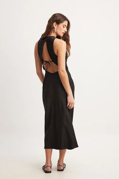 Satin Open Back Midi Dress Open Back Midi Dress, Midi Dress Black, Back Dress, Back Design, Black Midi Dress, Covered Buttons, Stretchy Material, Round Neckline, The Back