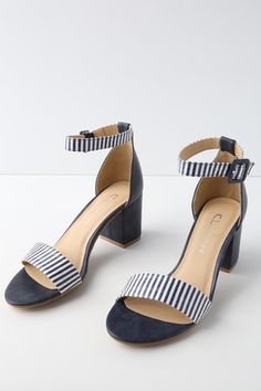 All In Navy and Indigo Striped Ankle Strap Heels 1 Vacay Vibes, Next Shoes, Cute Sandals, Cool Boots, Ankle Strap Heels, Ankle Straps, Boot Shop, Strap Heels, Stripe Print