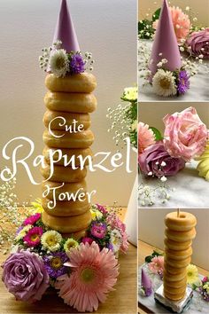 a collage of photos with donuts, flowers and candles in them that say out the rapnikel tower