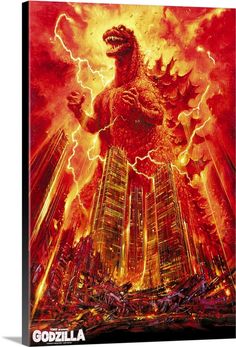 godzilla movie poster with city lights in the background and lightning coming out from its mouth