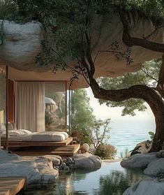 an artistic rendering of a bedroom overlooking the ocean with a tree in the foreground