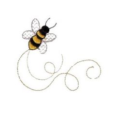 a bee flying through the air on top of a white background with swirly lines