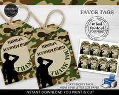 camouflage tags with the words, mission accomplished and an image of a soldier saluting