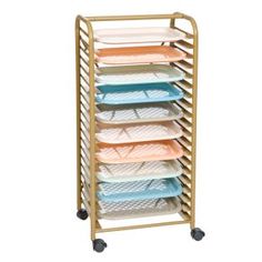 a gold rack with six trays on wheels