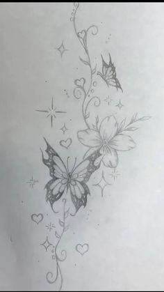 a drawing of two butterflies with hearts and stars