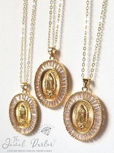 THIS ITEM SHIPS SAME OR NEXT-DAY 📦✈ Oval pendant with a depiction of Our Lady of Guadalupe The figure of the Virgin Mary is surrounded by a radiant glory of clear baguette crystals Pendant measures 35mm (1.4 inches), strung on 18" adjustable link chain Lobster clasp closure 18K gold-plate over alloy metal Clear zircon diamonds Suitable as a gift for First Communion, baptism, or just because Skull Jewelry Women, Quinceanera Jewelry, Crystals Pendant, Mary Necklace, Van Cleef And Arpels Jewelry, Virgin Mary Necklace, Cross Earrings Studs, Expensive Jewelry Luxury, Gold Pendant Jewelry