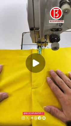 someone is using a sewing machine to sew on yellow fabric with the words blochpaints below it