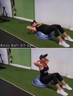 a woman is doing exercises on an exercise ball while sitting on the ground with her hands behind her head