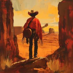 a painting of a man wearing a cowboy hat and holding a guitar in the desert