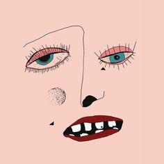 a drawing of a woman's face with blue eyes and red lips, pink background