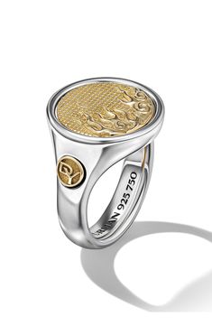 Sterling silver with 18-karat yellow gold. Ring, 20mm. This ring is interchangeable and can be worn two different ways. Coin can rotate so ring can be worn with either side of the coin facing up. Made in the USA of imported materials. Water And Fire, Cool Rings For Men, Unique Silver Rings, Signet Ring Men, Coin Ring, Engagement Rings For Men, Yellow Gold Ring, Mens Wedding Rings, High Jewelry