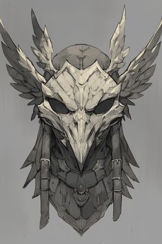 an owl mask with wings on it's head and two swords in its mouth