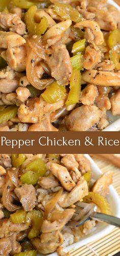 chicken and rice stir fry with peppers in a white bowl