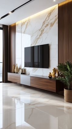 a living room with marble flooring and large wall mounted television on the side of it