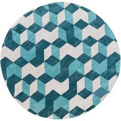 a round rug with an abstract design in blue and white colors on top of it