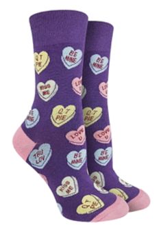 GOOD LUCK SOCK Brand Ladies VALENTINES HEART CANDY Socks BE MINE KISS ME - Novelty Socks for Less Casual Purple Socks For Gift, Casual Purple Socks For Gifts, Casual Purple Socks As Gift, Valentines Heart Candy, Heart Candies, Valentines Socks, Valentine Candy Hearts, Heart Socks, Sock Drawer