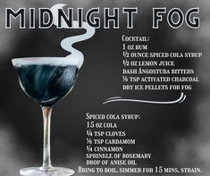 the midnight fog cocktail recipe is shown in black and white, with information about it