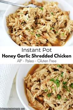 instant pot honey garlic shredded chicken in a white bowl