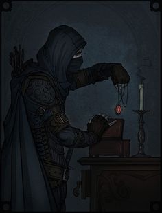 a drawing of a person in a dark room with a candle on a table next to a desk