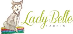 the logo for lady bello fabric, featuring a dog sitting on stacks of books