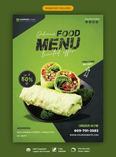 a restaurant menu with an image of food items on the front and back cover in green