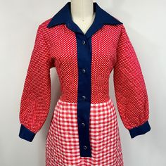 Vintage 70's quilted gingham & polka dot collared long sleeve dress by Lounge Craft. Button down front & a pocket! Fabric feels like a cotton/polyester blend? Measures: Total Length- 56" Bust- 40" Waist- 32" Sleeve- 22.5" Hip- 46" Shoulder to Shoulder- 16" Looks like its possibly deadstock & has never been worn? Such a cool piece! Quilting Crafts, Dress Clothes For Women, Vintage 70s, Fashion Inspo Outfits, Sleeve Dress, Gingham, Polka Dot, Polka Dots, Fashion Inspo