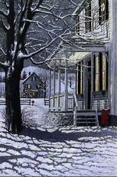 a painting of a house in winter with snow on the ground