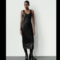 Midi Dress With Round Neckline And Straps. Back Slit. Back Hidden In-Seam Zip Closure. Outer Shell Base Fabric 100% Polyester Coating 100% Polyurethane Leather Midi Dress, Midi Dress Black, Zara Black, Black Midi Dress, Zara Dresses, Round Neckline, Dress Black, Midi Dress, Faux Leather