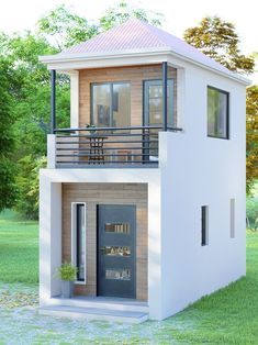 a small house with a balcony on the second floor