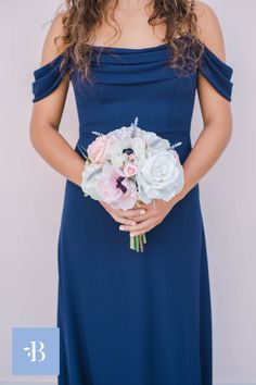 The Charlotte bridesmaid bouquet is made of pink and white anemones, pink and white roses, hints of lavender, and greenery. Premium silk florals. Navy Bridesmaid Dress